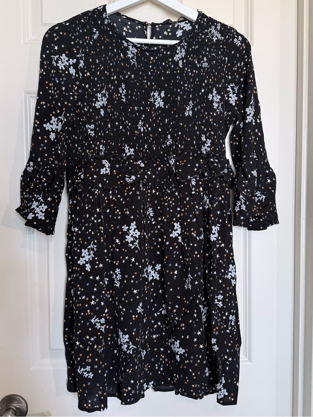 Zara Black Floral & Star Print Smocked Midi Dress